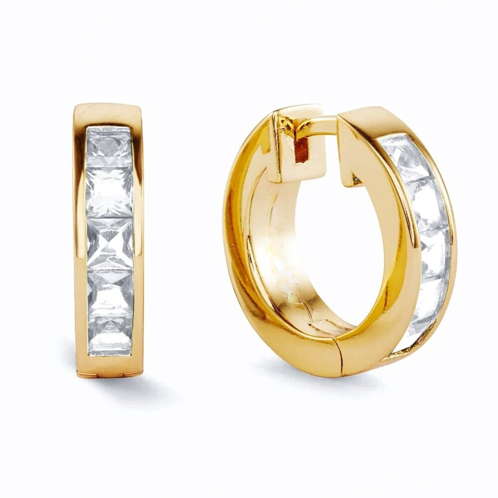 Classic Princess Cut  Yellow Gold Plated 925 Sterling Silver Huggie Hoop Earring